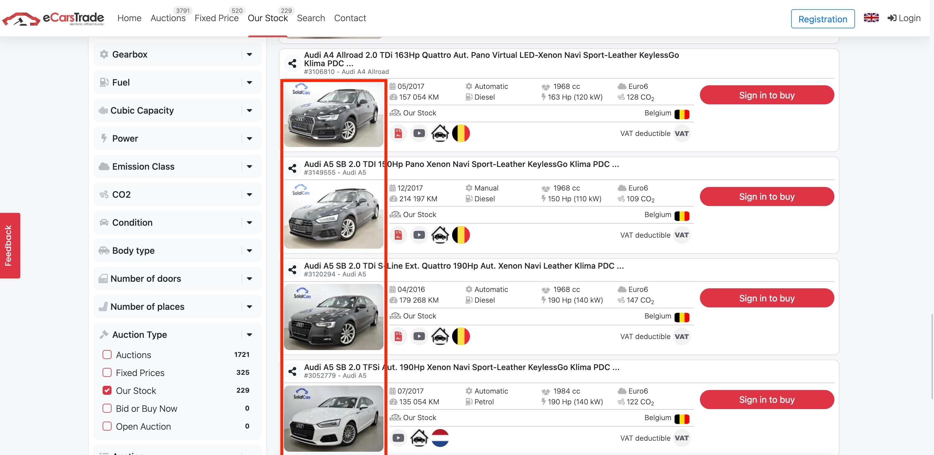 eCarsTrade screenshot from website showing photos of cars